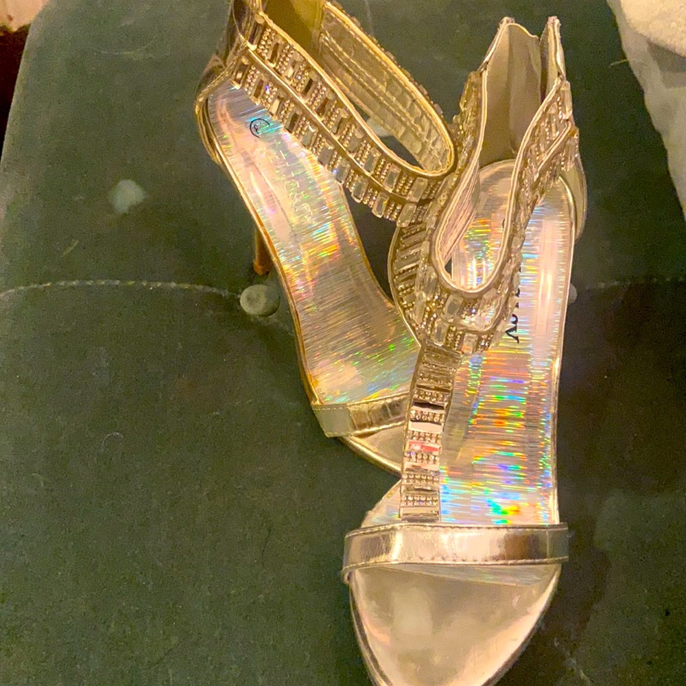 T Strap silver rhinestone heel